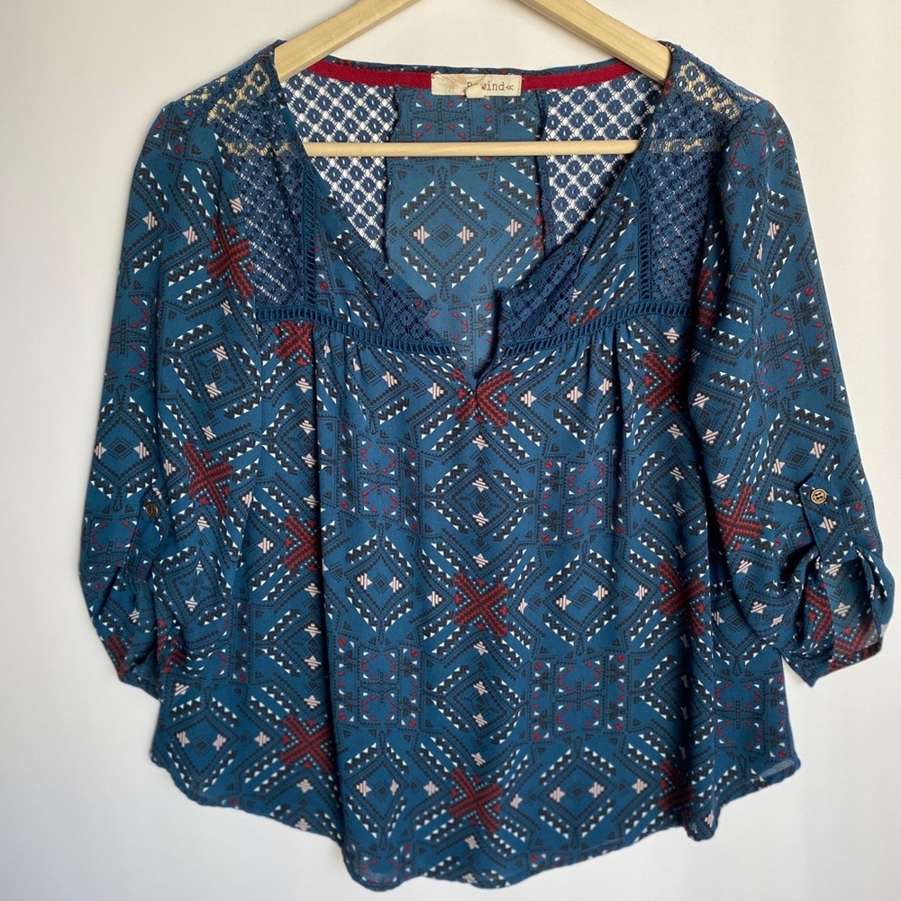 Tribal Print/Boho | Navy Blue 3/4 sleeve Blouse
